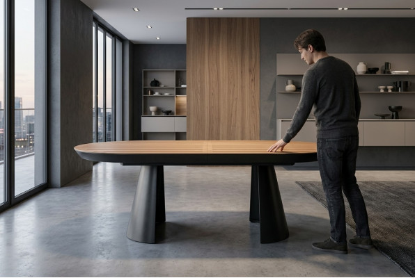Ovalen Iesszëmmerdësch Kichendësch Auszéiheren Design Holz Brong Dësch