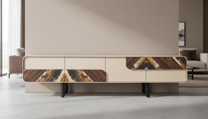 TV Ständer RTV Lowboard Säitenaart Holzbësch Beige Wunnzëmmer Wunnwand Miwwelen
