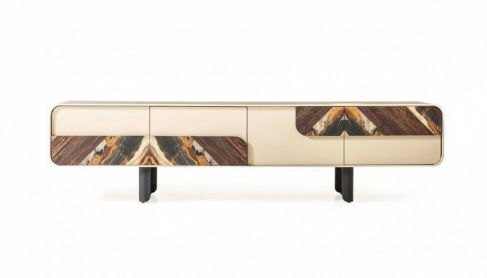 TV Ständer RTV Lowboard Säitenaart Holzbësch Beige Wunnzëmmer Wunnwand Miwwelen