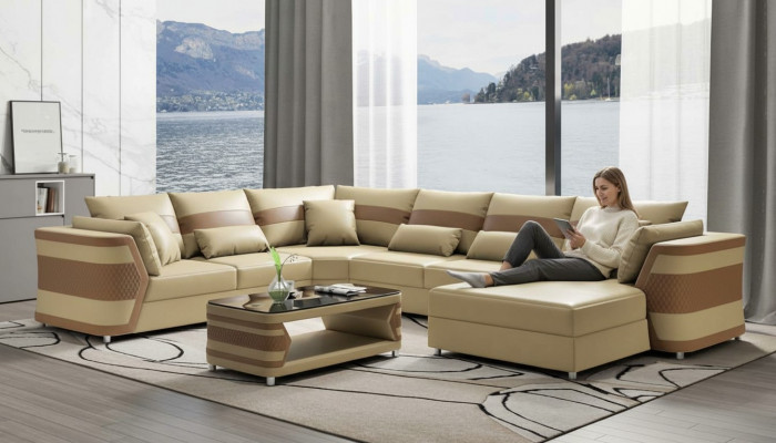 Liewenslandschaft XXL Sofa U-Form Grouss Eck-Sofa Lieder-Sofa Beige Sofaen Couchen