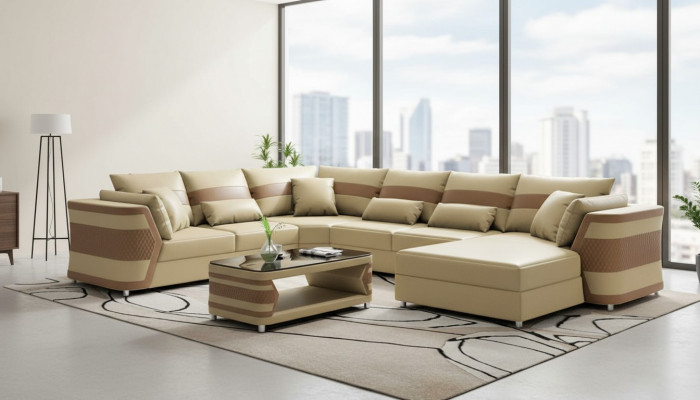 Liewenslandschaft XXL Sofa U-Form Grouss Eck-Sofa Lieder-Sofa Beige Sofaen Couchen