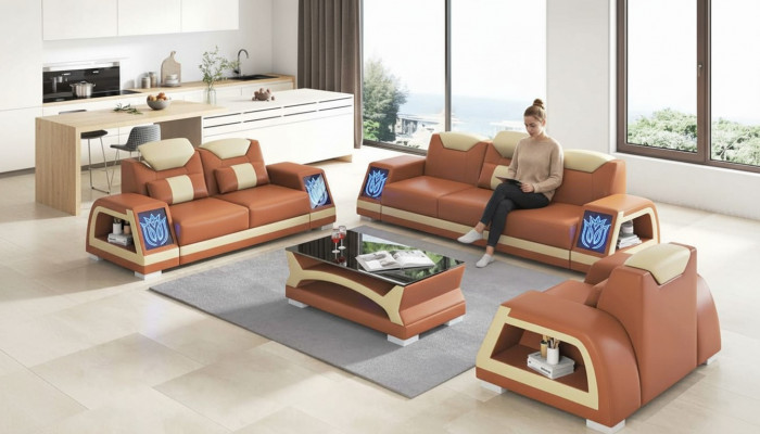 Komplett Couch Garnitur Sofagarnitur Ledersofa Sofa 3-Stéck Sofas Braun