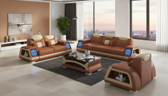 Komplett Couch Garnitur Sofagarnitur Ledersofa Sofa 3-Stéck Sofas Braun