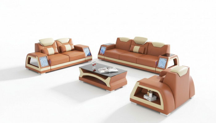 Komplett Couch Garnitur Sofagarnitur Ledersofa Sofa 3-Stéck Sofas Braun