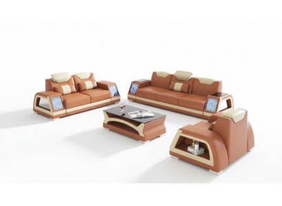 Komplett Couch Garnitur Sofagarnitur Ledersofa Sofa 3-Stéck Sofas Braun