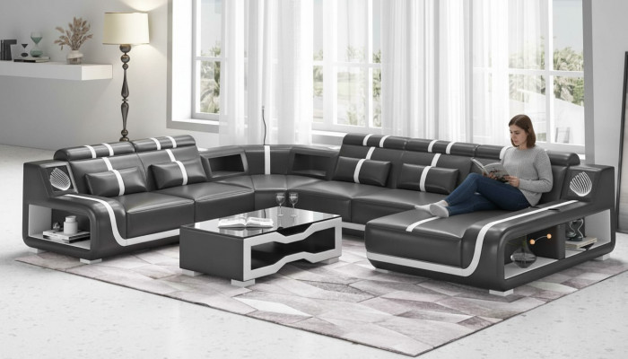 Wunnlandschaft XXL Sofa U Form Grouss Eckssofa Ledersofa Schwaarz Sofas