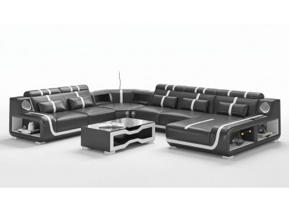 Wunnlandschaft XXL Sofa U Form Grouss Eckssofa Ledersofa Schwaarz Sofas