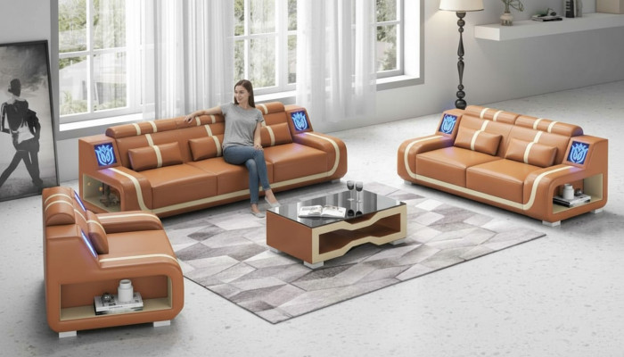 Wunnzëmmer Komplette Ledercouchs Couchgarnitur Sofagarnitur Braun 3tlg