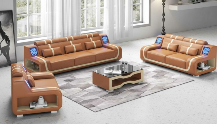 Wunnzëmmer Komplette Ledercouchs Couchgarnitur Sofagarnitur Braun 3tlg