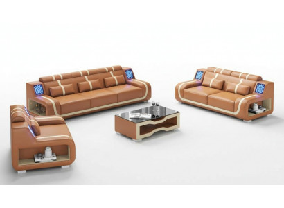 Wunnzëmmer Komplette Ledercouchs Couchgarnitur Sofagarnitur Braun 3tlg