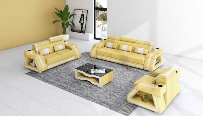 Ledersofaen Komplett Couch-Garnitur Sofagarnitur Sofa 3 Deeler Sofaen Giel