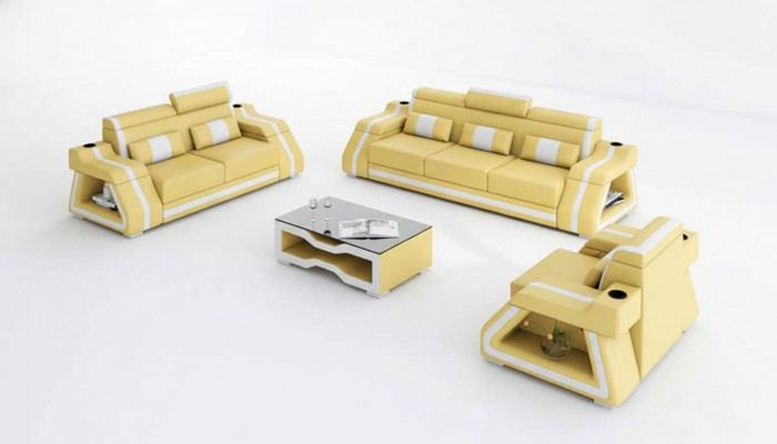 Ledersofaen Komplett Couch-Garnitur Sofagarnitur Sofa 3 Deeler Sofaen Giel
