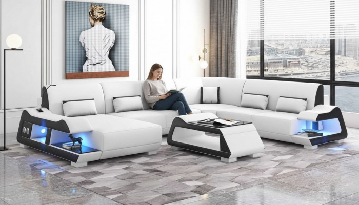 Grousst Sofa Wunnlandschaft XXL U Form Huesofa Liederesofa Wäiss Sofaen