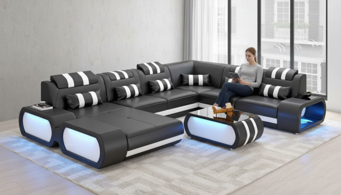Modern XXL Sofa U-Form Grousst Ecksofa Liederzofa Schwaarz Kënschtlech Lieder