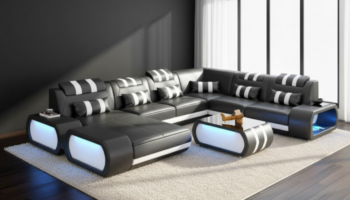 Modern XXL Sofa U-Form Grousst Ecksofa Liederzofa Schwaarz Kënschtlech Lieder