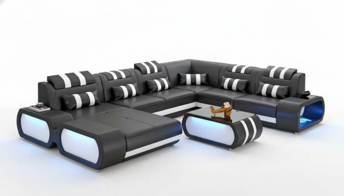 Modern XXL Sofa U-Form Grousst Ecksofa Liederzofa Schwaarz Kënschtlech Lieder