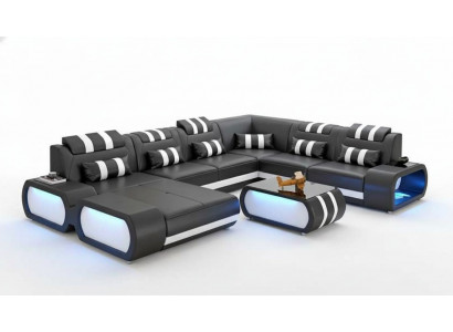 Modern XXL Sofa U-Form Grousst Ecksofa Liederzofa Schwaarz Kënschtlech Lieder