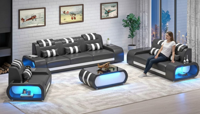 Couchgarnitur Zwëschesëtzer Ledersofas Sëtz Dreisëtzer 3tlg Schwaarz Set