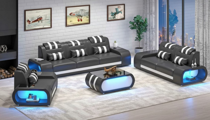 Couchgarnitur Zwëschesëtzer Ledersofas Sëtz Dreisëtzer 3tlg Schwaarz Set