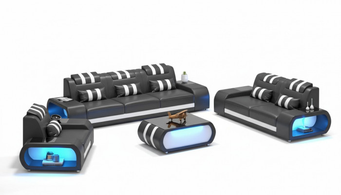 Couchgarnitur Zwëschesëtzer Ledersofas Sëtz Dreisëtzer 3tlg Schwaarz Set