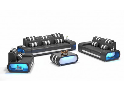 Couchgarnitur Zwëschesëtzer Ledersofas Sëtz Dreisëtzer 3tlg Schwaarz Set