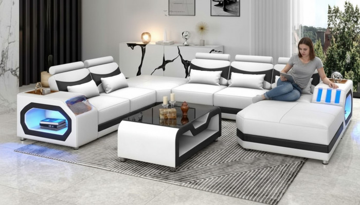 Wunnlandschaft Grousst Sofa XXL U Form Ecksofa Ledersofa Wäiss Sofas