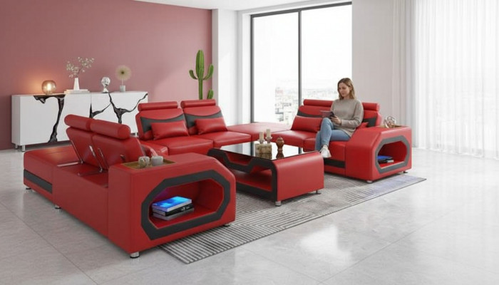 Design Wunnlandschaft Grousst Sofa XXL U Form Ecksofa Ledersofa Rout LED