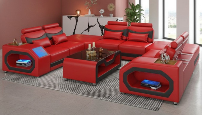 Design Wunnlandschaft Grousst Sofa XXL U Form Ecksofa Ledersofa Rout LED