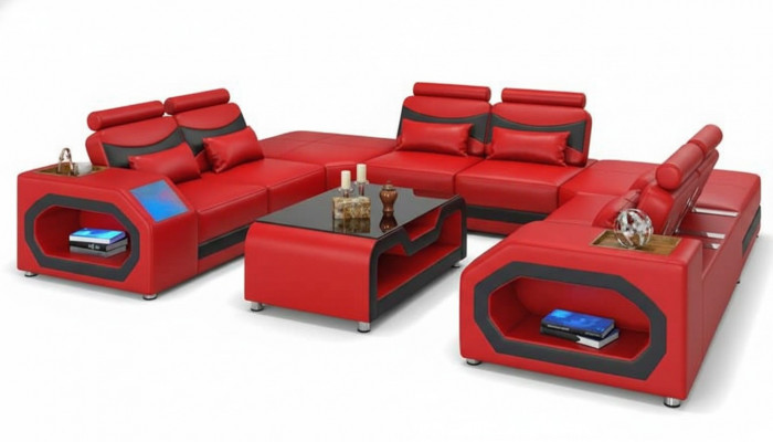 Design Wunnlandschaft Grousst Sofa XXL U Form Ecksofa Ledersofa Rout LED