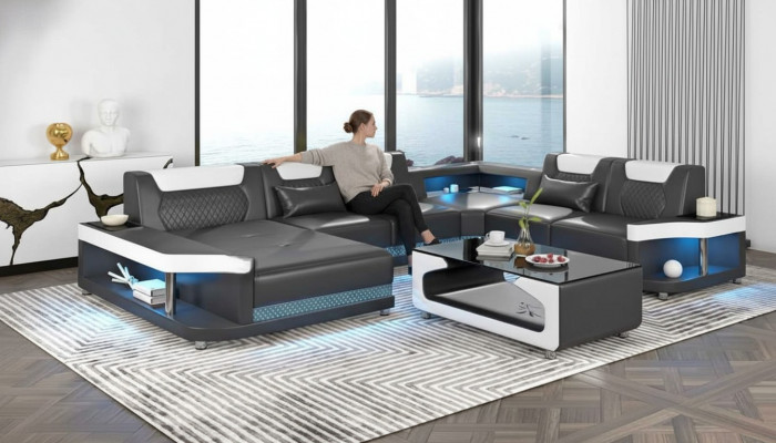 Grousst Sofa Wunnlandschaft LED XXL U Form Ecksofa Ledersofa Schwaarz