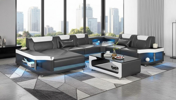Grousst Sofa Wunnlandschaft LED XXL U Form Ecksofa Ledersofa Schwaarz