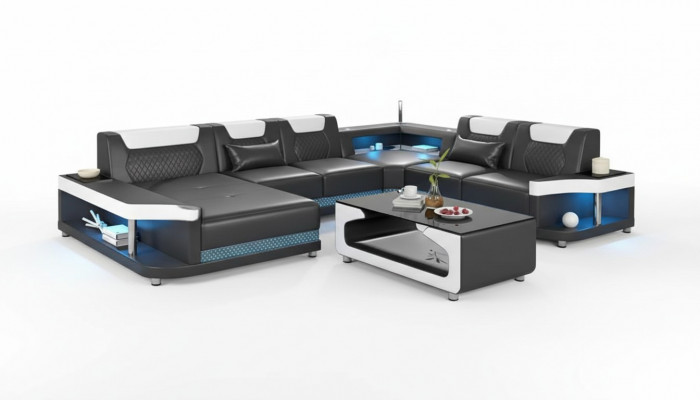 Grousst Sofa Wunnlandschaft LED XXL U Form Ecksofa Ledersofa Schwaarz
