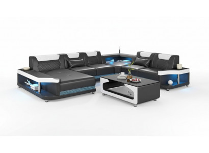 Grousst Sofa Wunnlandschaft LED XXL U Form Ecksofa Ledersofa Schwaarz