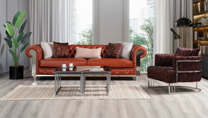 Chesterfield Canapé-Set aus Kënschtleeder Drësëtzeger Brong Canapés-Set Couchen