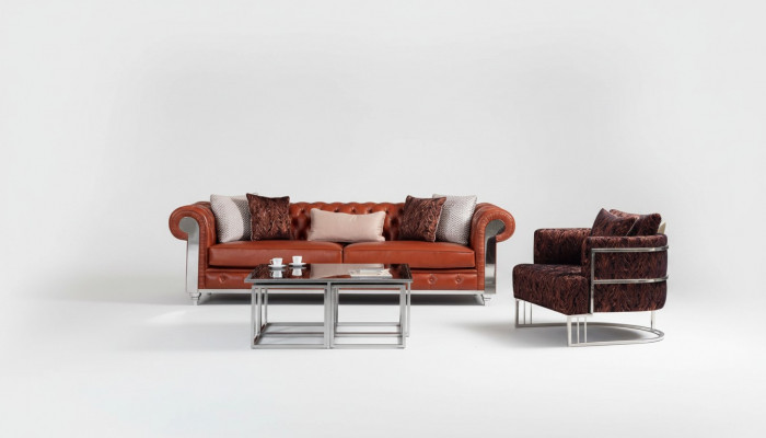 Chesterfield Canapé-Set aus Kënschtleeder Drësëtzeger Brong Canapés-Set Couchen