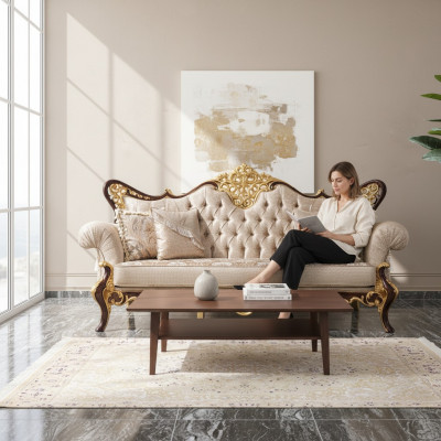 Dräisëtzer Canapé 3 Sëtzer Polstersofa Stoffcanapé Beige Barock Polyester