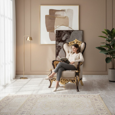 Ohrensessel Canapé Beige Barock Still Sëtzgestell Poliester Wunnzëmmer