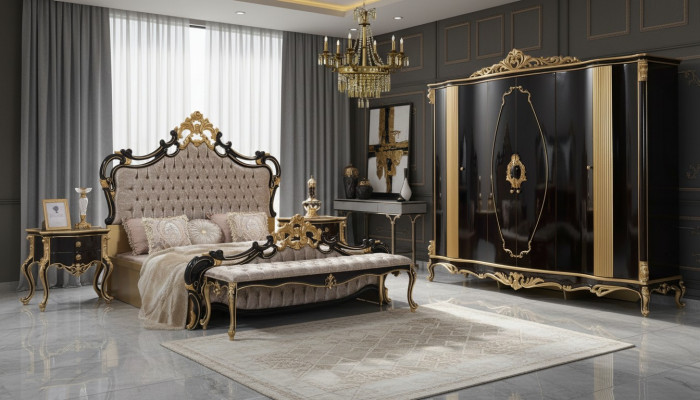 Chesterfield Luxus Schlofzëmmer Set Bett Duebelbett 5tlg Schwaarz