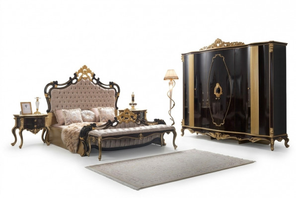 Chesterfield Luxus Schlofzëmmer Set Bett Duebelbett 5tlg Schwaarz