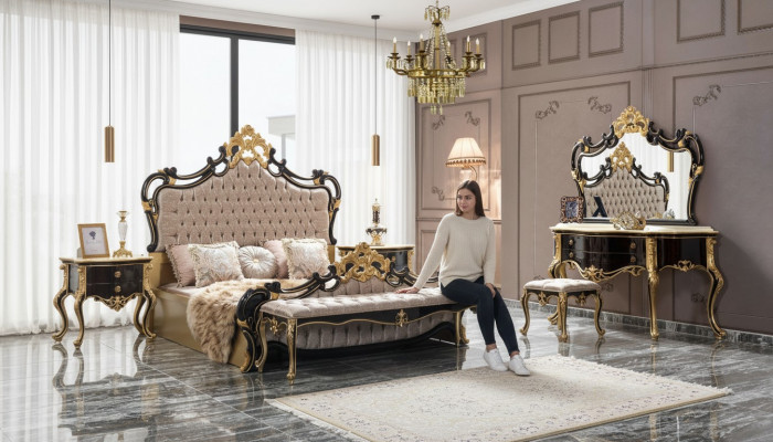 Duebelbett Garnitur Chesterfield Luxus Schlofzëmmer Bett 6tlg Schwaarz Better