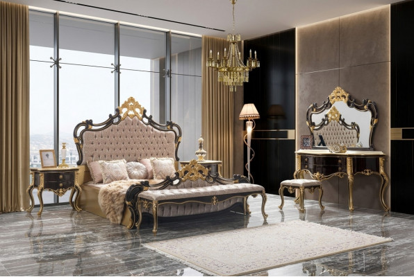 Duebelbett Garnitur Chesterfield Luxus Schlofzëmmer Bett 6tlg Schwaarz Better