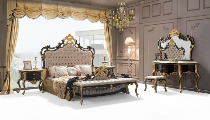 Duebelbett Garnitur Chesterfield Luxus Schlofzëmmer Bett 6tlg Schwaarz Better