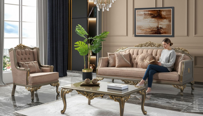 Chesterfield Sofagarnitur Drësétzer Sessel Stoff Couchtësch Beige Nei