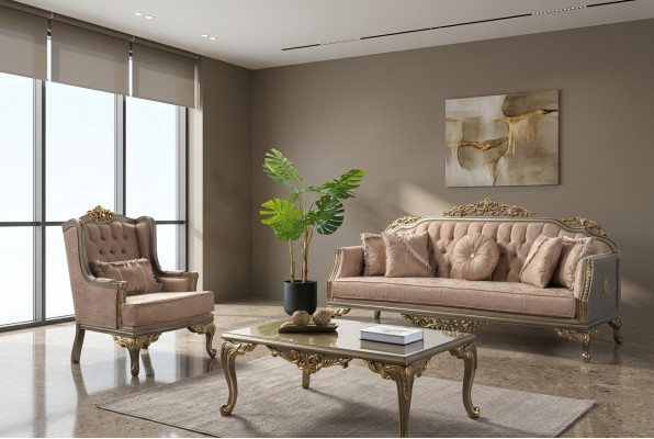 Chesterfield Sofagarnitur Drësétzer Sessel Stoff Couchtësch Beige Nei