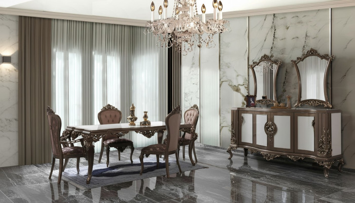 Komplett Iessgruppe Iesszëmmer Iessdësch Holz Set 12-Deeler Braun Sideboard
