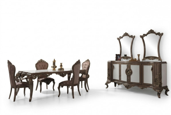 Komplett Iessgruppe Iesszëmmer Iessdësch Holz Set 12-Deeler Braun Sideboard