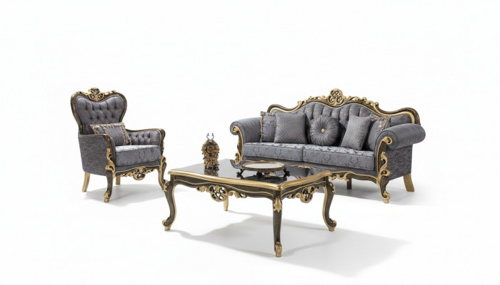 Chesterfield Sofa-Garnitur Polstersofa Sofa Blo Dräisëtzer Fautteuil Set