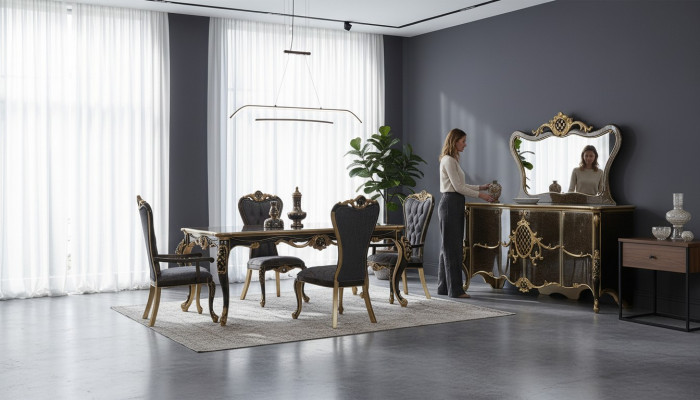 Iesszëmmer Luxus Iessgrupp Säitbriet Iessdësch Still Holz 10tlg Brongéiert