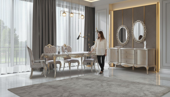 Komplett Iessgrupp Dësch Sideboard Iesszëmmer Iessdësch Holz Set 12tlg Beige