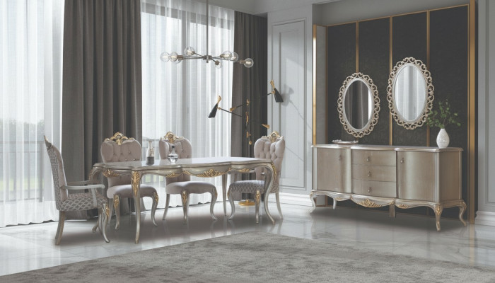 Komplett Iessgrupp Dësch Sideboard Iesszëmmer Iessdësch Holz Set 12tlg Beige